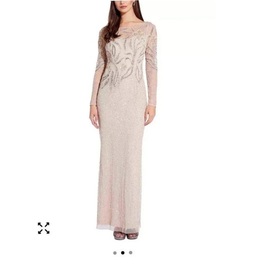 Adrianna Papell Embellished Illusion Gown Beaded Floral Sequin Sz 6  Maxi Modest - Picture 9 of 9